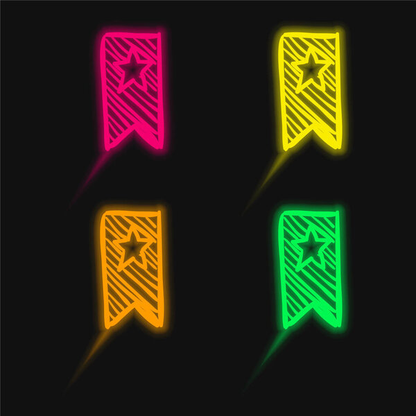 Bookmark Sketch With A Star four color glowing neon vector icon