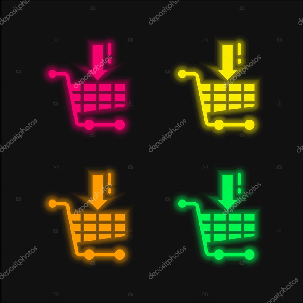 Add To Cart four color glowing neon vector icon