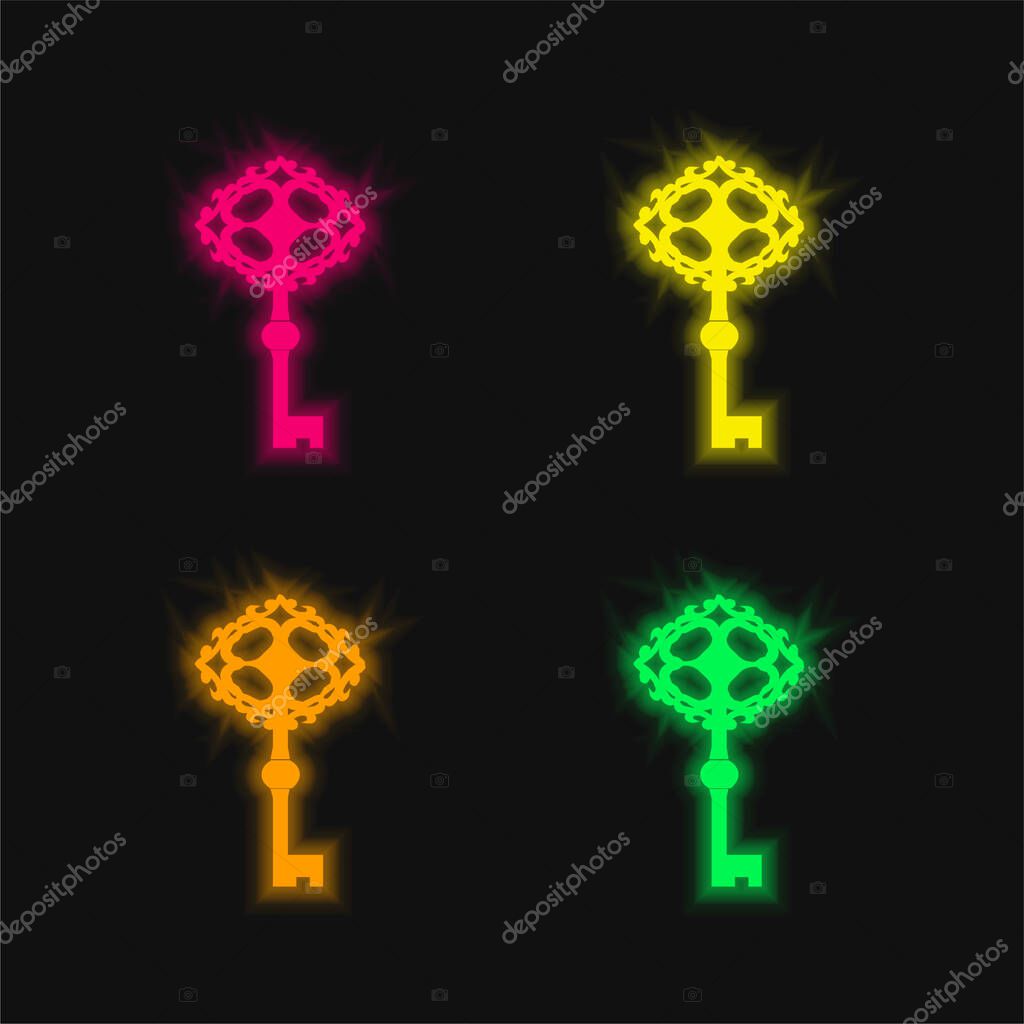 Antique Key Tool four color glowing neon vector icon