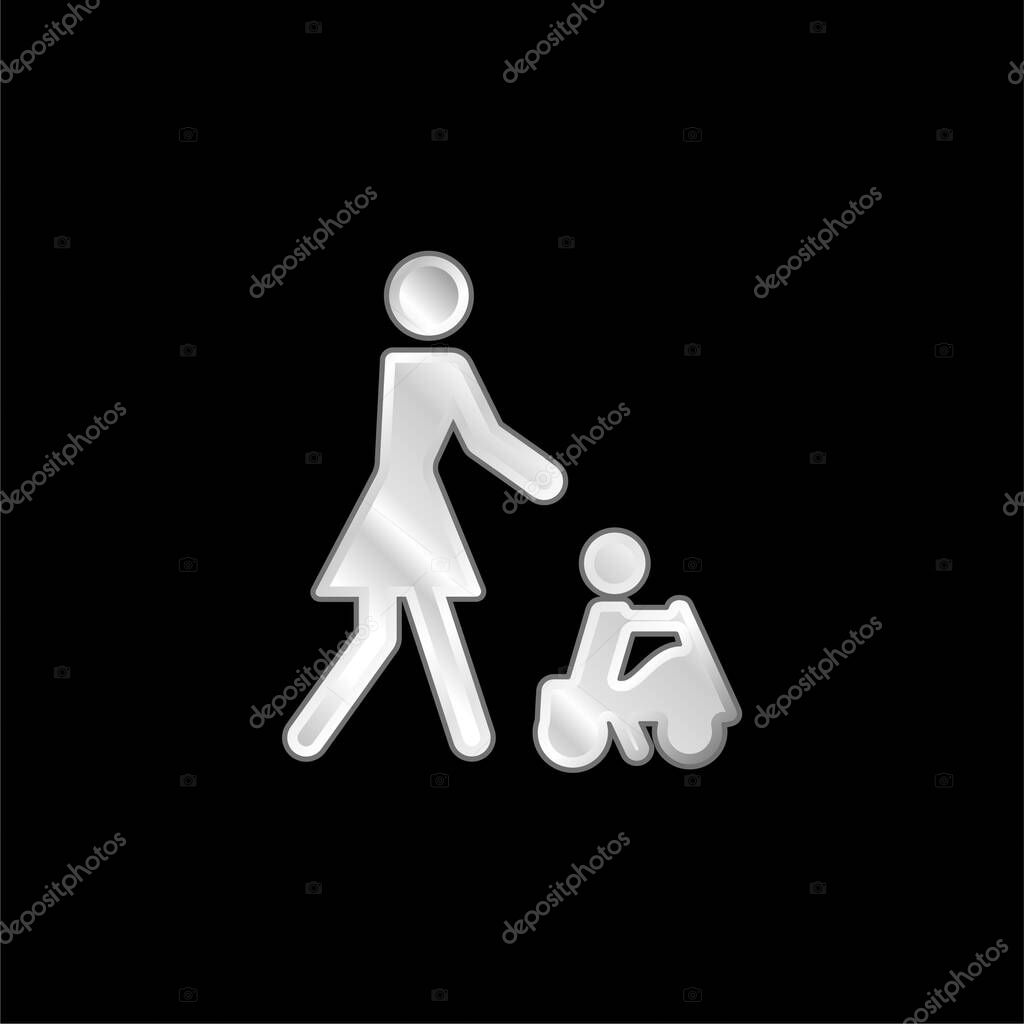 Baby Playing On A Toy Car With His Mother silver plated metallic icon