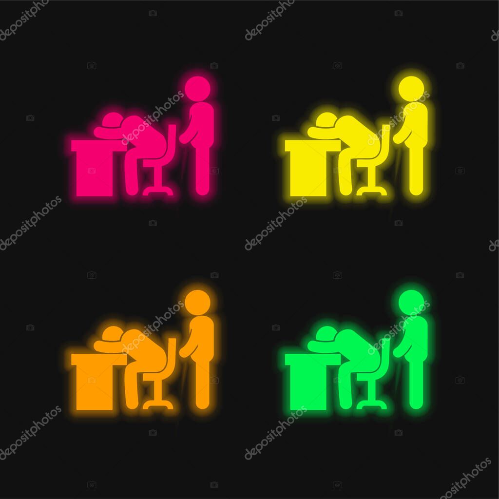 Boss Catching A Worker Sleeping four color glowing neon vector icon
