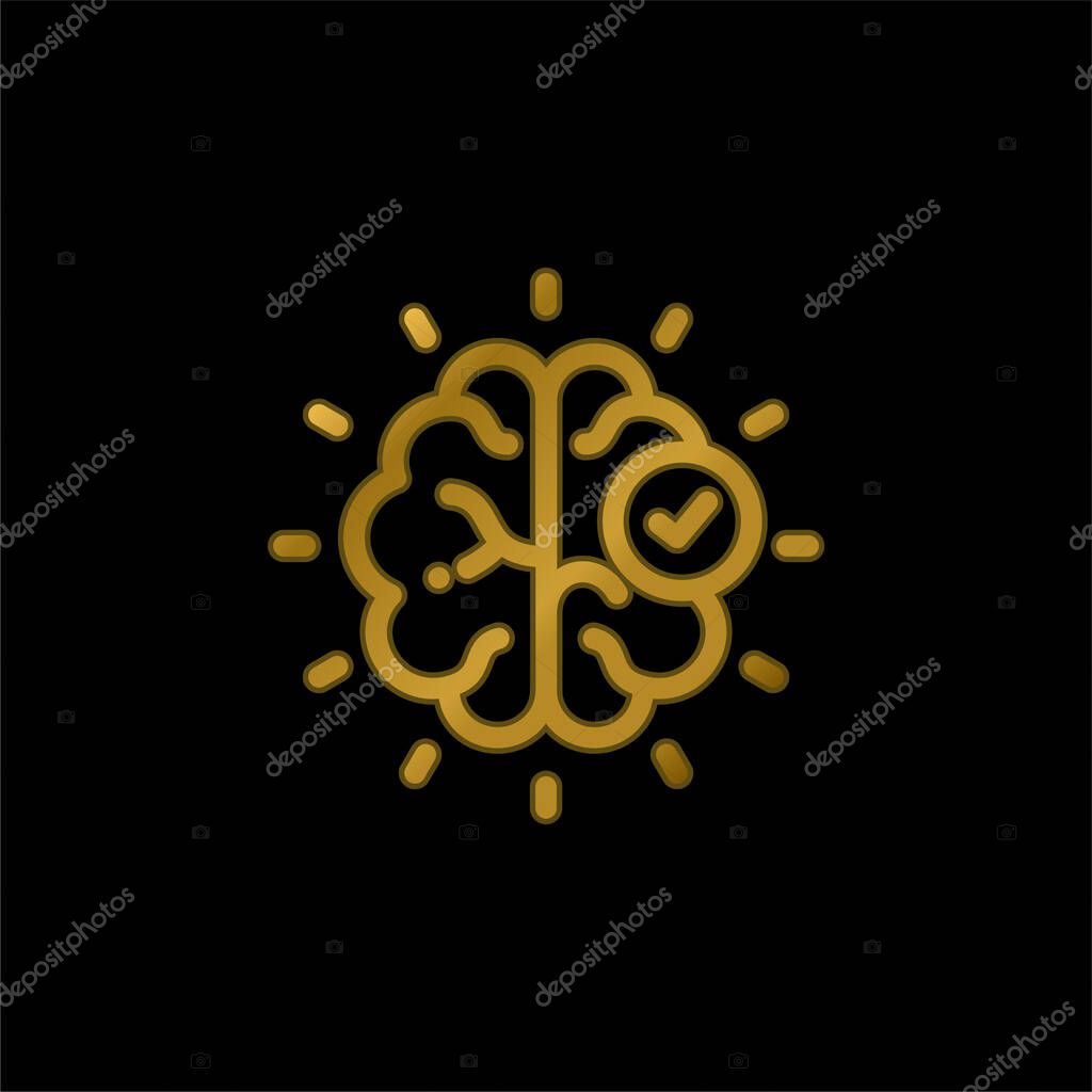 Brain gold plated metalic icon or logo vector