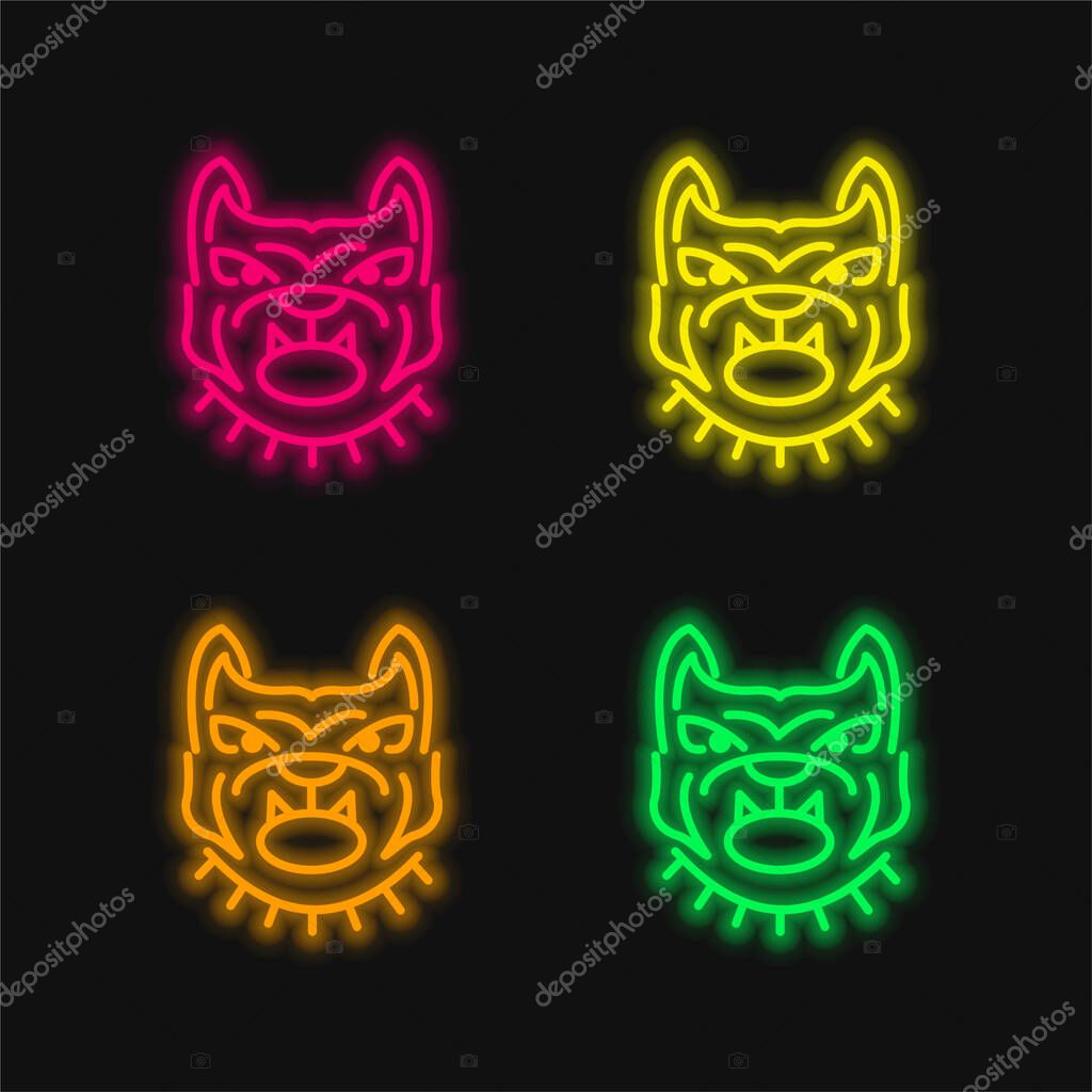 Angry Bulldog Face Outline four color glowing neon vector icon