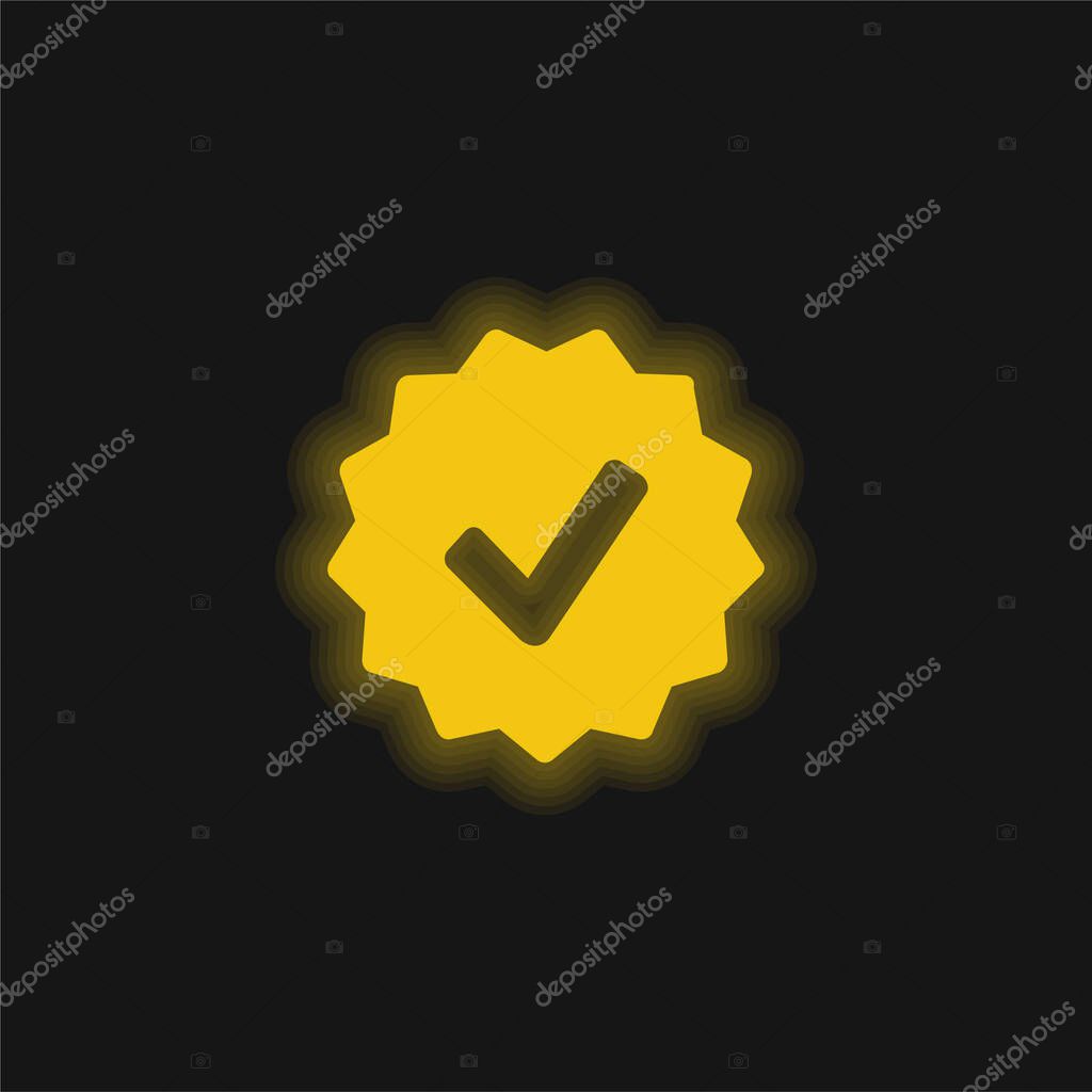 Approval Symbol In Badge yellow glowing neon icon