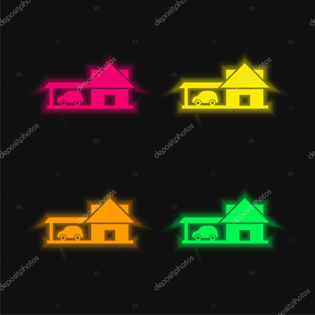 Big House With Car Garage four color glowing neon vector icon