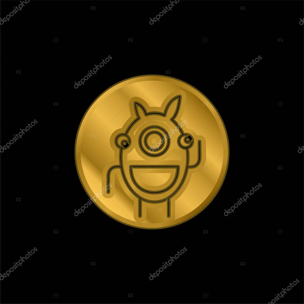 Alien Outline In A Circle gold plated metalic icon or logo vector