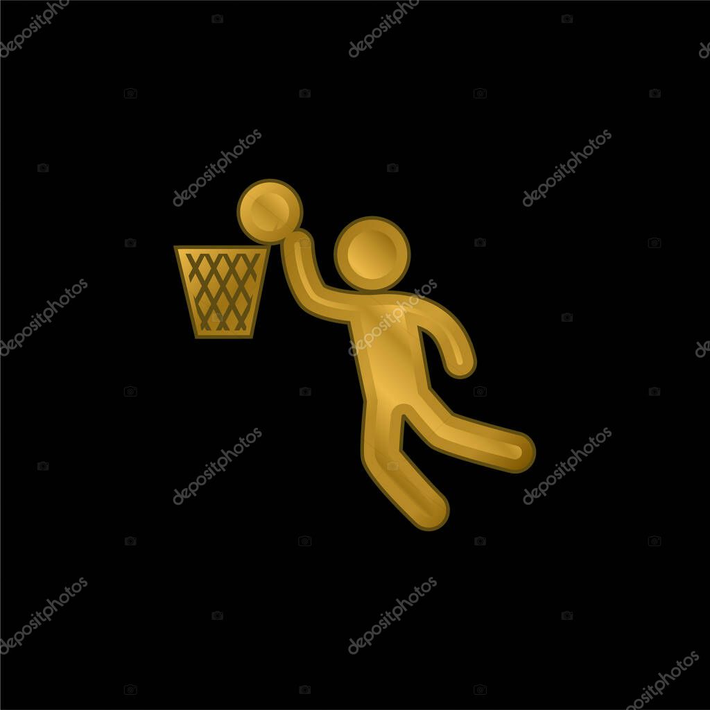 Basketball Player Scoring gold plated metalic icon or logo vector