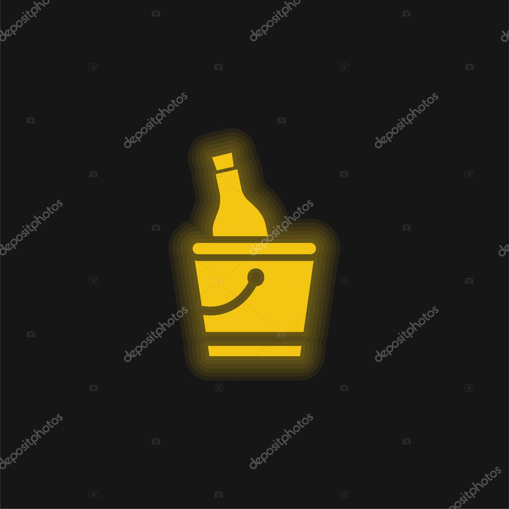 Bottle And Ice Bucket yellow glowing neon icon