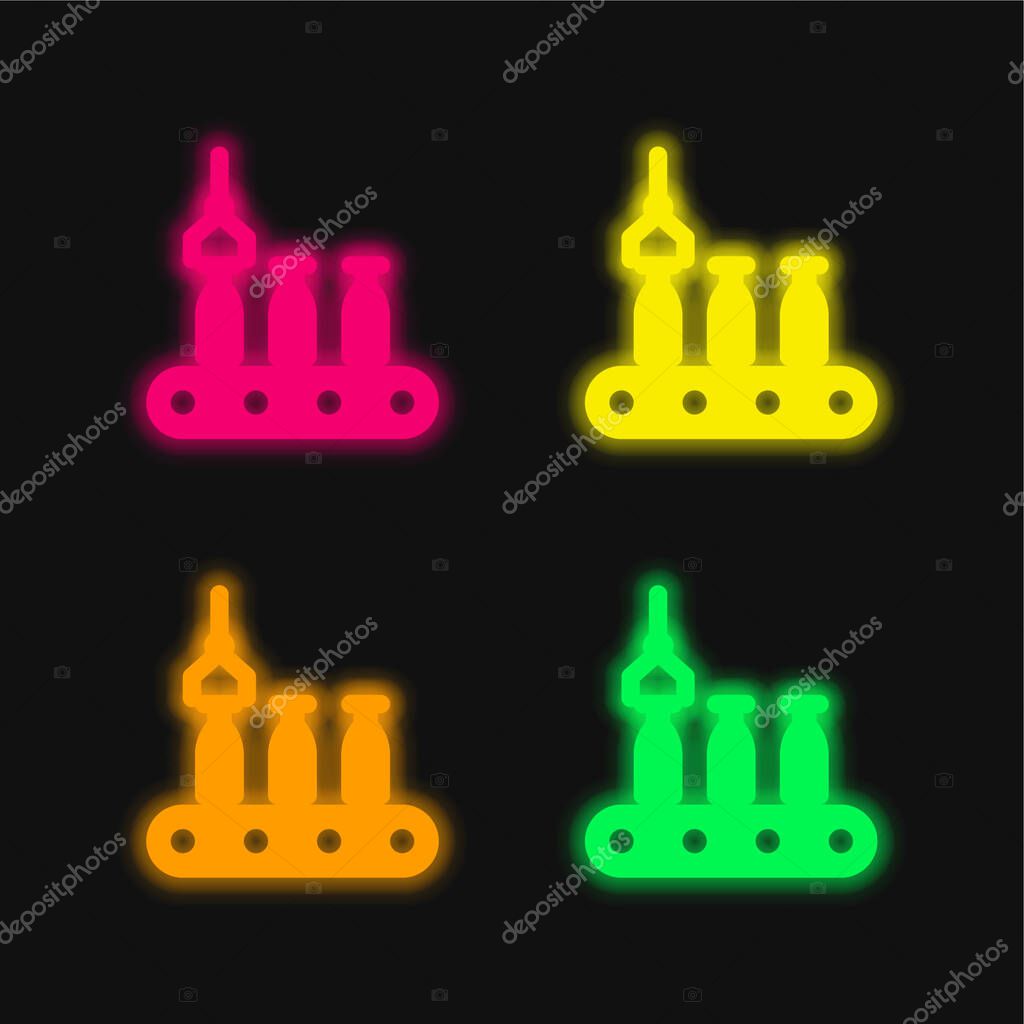 Assembly Line four color glowing neon vector icon