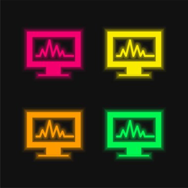 Analitik Çizelge Bir Monitör Ekranında Parlayan dört renk neon vektör simgesi
