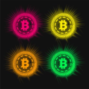 Zeytin Çemberiyle çevrili Bitcoin Dört renkli parlak neon vektör simgesi bırakır