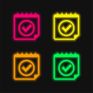 Approved Sign On Calendar Page four color glowing neon vector icon clipart