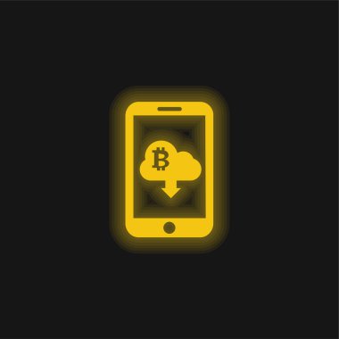 Bulutlu Bitcoin İşareti Aşağı Ok İndirme Sembolü Cep telefonu ekranına Parlak Neon simgesi
