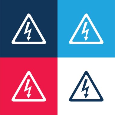 Üçgen şekilli mavi ve kırmızı dört renk simgesi kümesinde Elektrik Şoku Tehlike Arrow Bolt Sinyali