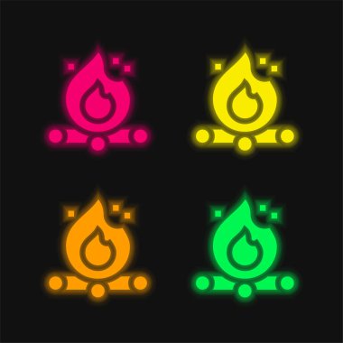 Şenlik ateşi parlayan dört renkli neon vektör simgesi
