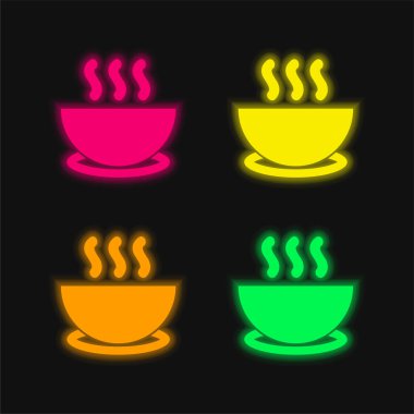 Bowl Of Hot Soup On A Plate four color glowing neon vector icon clipart