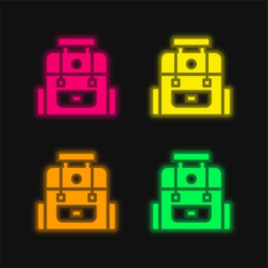 Sırt çantasında parlayan dört renk neon vektör simgesi