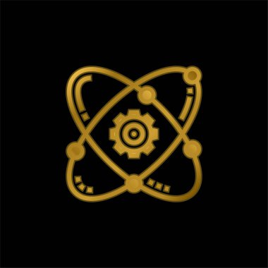 Atom altın kaplamalı metalik simge veya logo vektörü