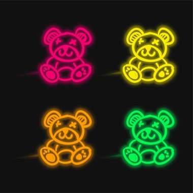 Ayı Oyuncağı dört renkli parlayan neon vektör simgesi