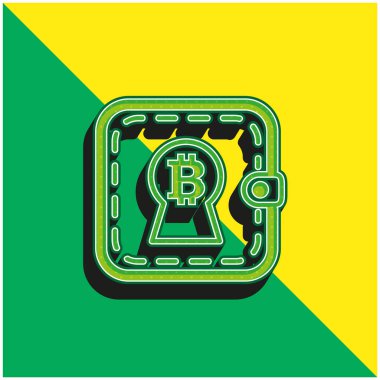 Bir Cüzdan Yeşil ve Sarı 3D vektör logosunda Anahtar Deliği Şeklinde Bitcoin İşareti