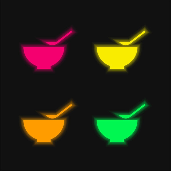 Bowl And Spoon four color glowing neon vector icon
