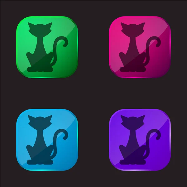 Black Cat Four Color Glass Button Icon — Stock Vector