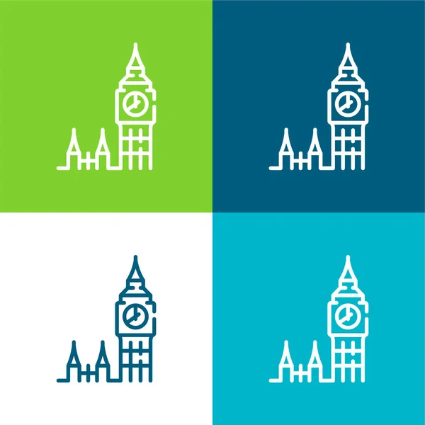 Big Ben Flat Conjunto Iconos Mínimo Cuatro Colores — Vector de stock