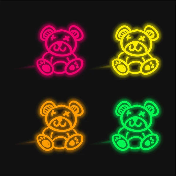 Bear Toy Fyra Färg Glödande Neon Vektor Ikon — Stock vektor