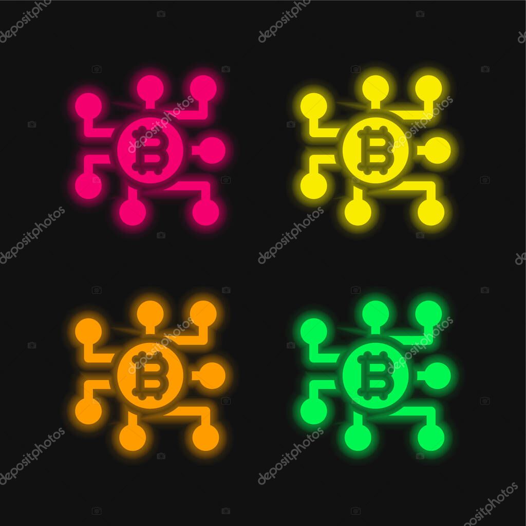 Bitcoin four color glowing neon vector icon