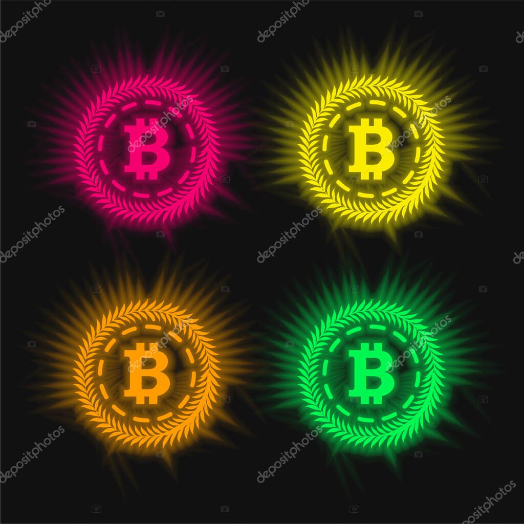 Bitcoin Surrounded By A Circle Of Olive Leaves four color glowing neon vector icon