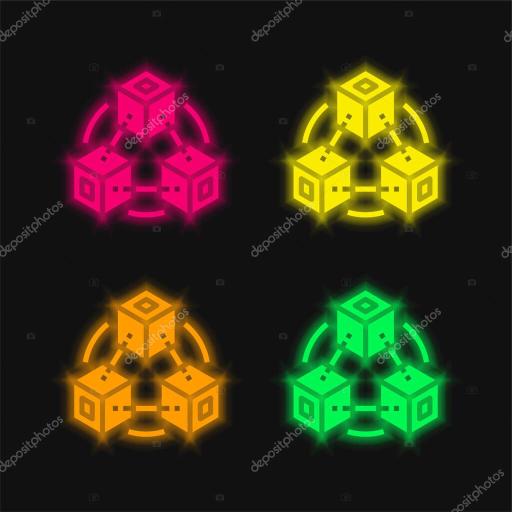 Blockchain four color glowing neon vector icon