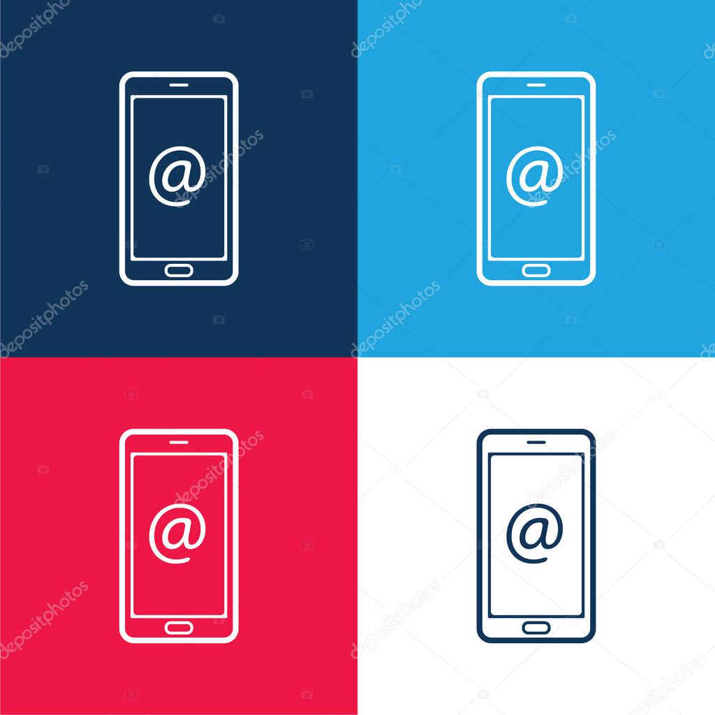 Arroba Sign On Mobile Phone Screen blue and red four color minimal icon set