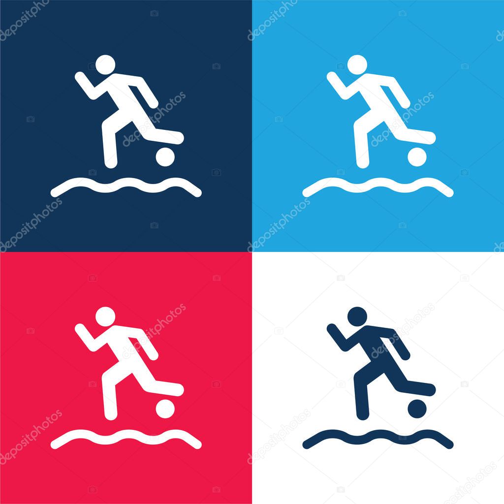 Beach Soccer Player Running With The Ball On The Sand blue and red four color minimal icon set