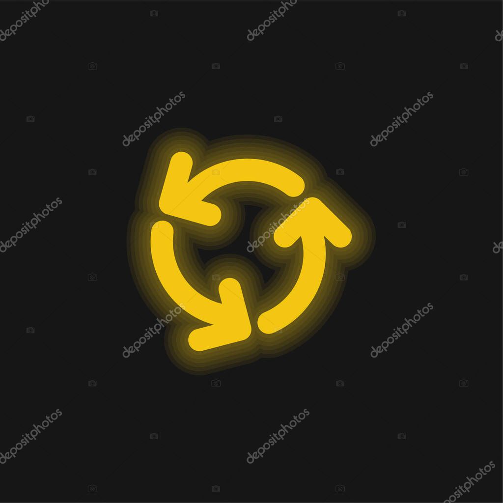 Arrows Circle Of Three Rotating In Counterclockwise Direction yellow glowing neon icon