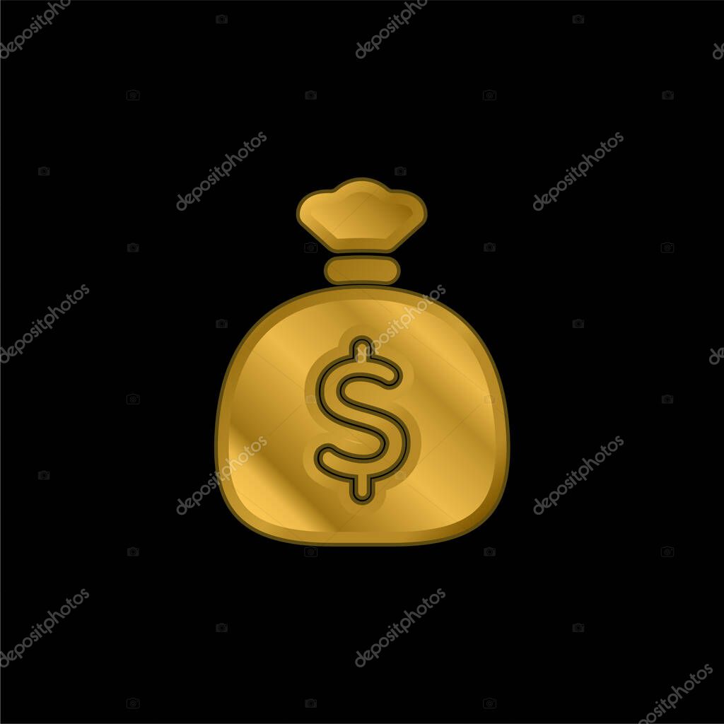 Big Money Bag gold plated metalic icon or logo vector