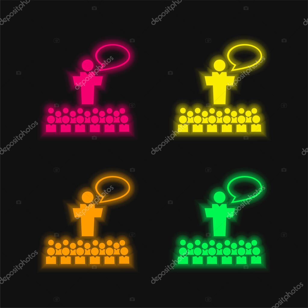 Big Group Of Small Students With Giant Professor In Front Of The Class Talking four color glowing neon vector icon