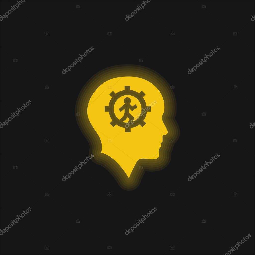 Bald Head With Gear And Running Man Inside yellow glowing neon icon