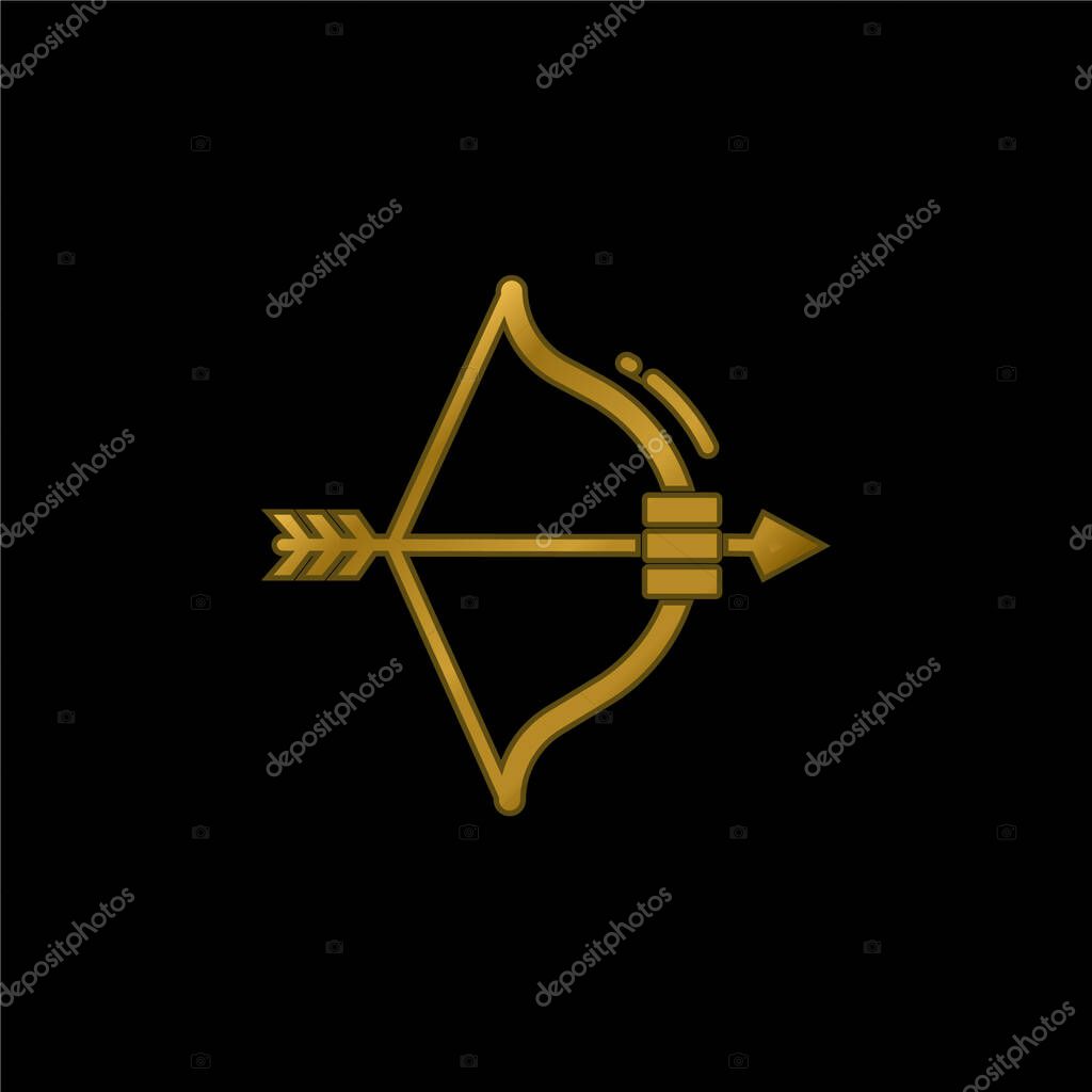 Bow And Arrow gold plated metalic icon or logo vector