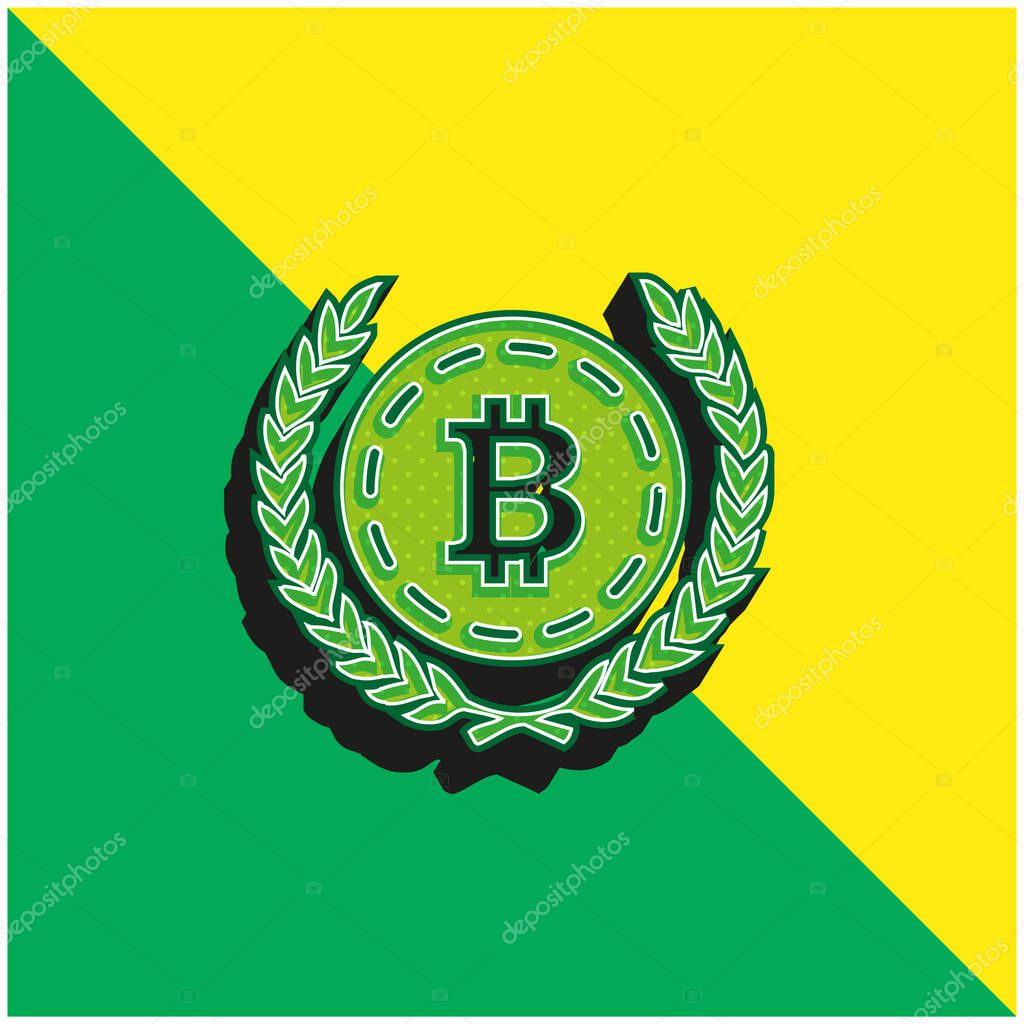 Bitcoin With Olive Leaves At Both Sides Green and yellow modern 3d vector icon logo