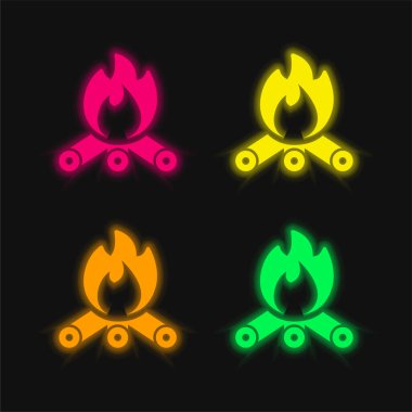 Şenlik ateşi parlayan dört renkli neon vektör simgesi