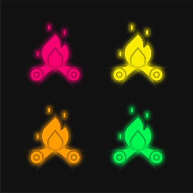 Şenlik ateşi parlayan dört renkli neon vektör simgesi