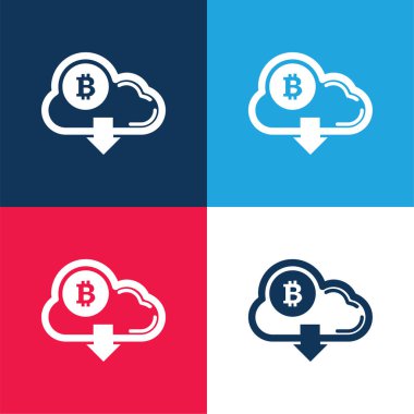 Bitcoin Bulutta Aşağı Ok Sembolü Mavi ve Kırmızı Dört Renk Simgesi