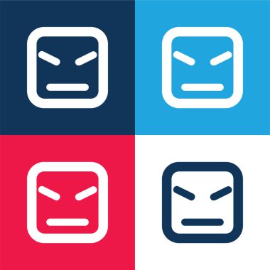 Kare Şeklinin Kızgın Yüzü ve Düz Çizgiler Mavi ve Kırmızı Dört Renk Simgesi