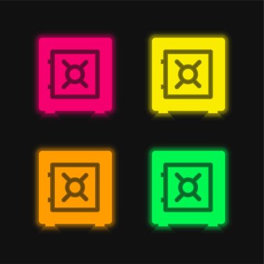 Bank Safe Box four color glowing neon vector icon clipart