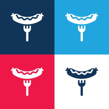 Bratwurst On Fork blue and red four color minimal icon set clipart