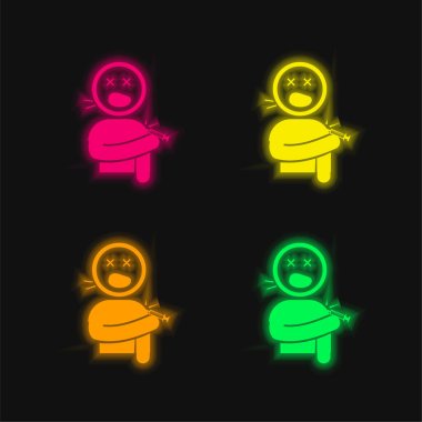Boy Screaming Hurted With A Knife In His Shoulder four color glowing neon vector icon clipart