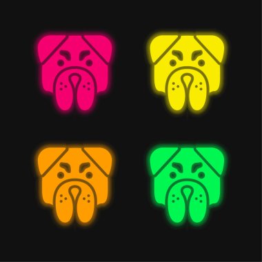 Angry Bulldog Face four color glowing neon vector icon clipart