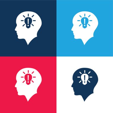 Bald Head With Lightbulb With Exclamation Sign Inside blue and red four color minimal icon set clipart