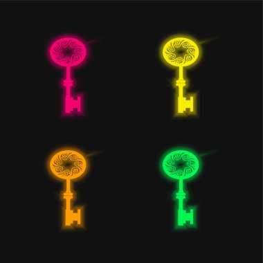 Oval Ofiste Yıldız Deliği 'nin ortasında parlayan dört renkli neon vektör ikonu olan antik anahtar şekli