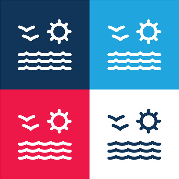 Beach View Of Sea Sun And Seagulls Couple blue and red four color minimal icon set